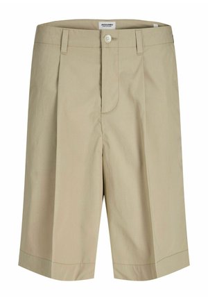 Beige knælange skræddersyede shorts med forreste knap og bæltestropper, med diskrete syninger og en enkelt forreste plissé på hvert ben.
