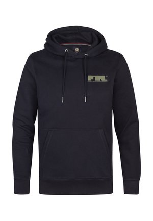 Donkerblauwe hoodie gemaakt van zacht materiaal, met een voorste kangoeroezak, een capuchon met trekkoord en een lichtgroen logo op de borst.