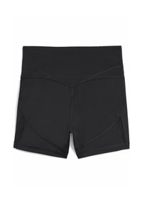 Sorte atletiske shorts med et tætsiddende design, der har flade søm, en bred taljebånd og buede paneler for forbedret støtte.