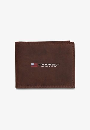 Bruine leren portemonnee met wit "COTTON BELT" logo en Amerikaanse vlag, gestikte randen, bi-fold ontwerp, gladde textuur, minimalistische uitstraling.