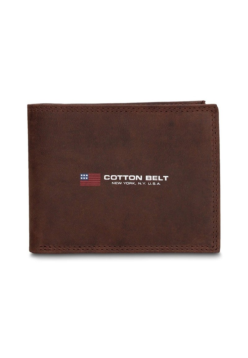 Bruine leren portemonnee met wit "COTTON BELT" logo en Amerikaanse vlag, gestikte randen, bi-fold ontwerp, gladde textuur, minimalistische uitstraling.