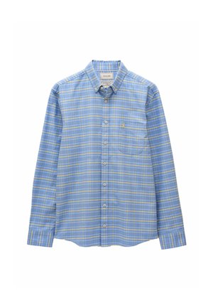 Herre skjorte med lange ærmer og knapper i blå og gul tern med en brystlomme foran og knaplukket krave.