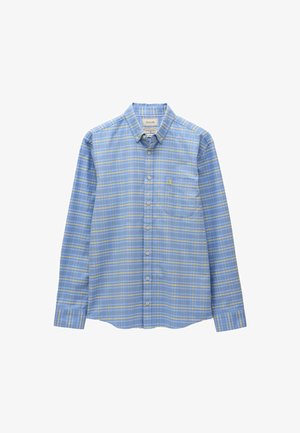 Męska koszula z długim rękawem zapinana na guziki w niebiesko-żółtą kratę, z przednią kieszenią na piersi i kołnierzykiem na guziki.