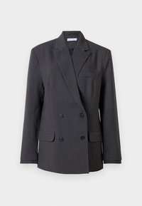 Dunkelgrauer Doppelreiher-Blazer mit Reverskragen, vier schwarzen Knöpfen, zwei aufgesetzten Taschen und einer Brustleistentasche.