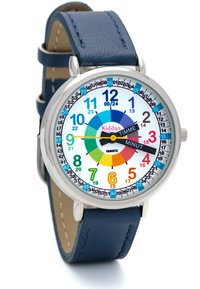 Montre en quartz ronde avec un cadran coloré et circulaire, un bracelet en cuir bleu, et des aiguilles des heures et des minutes claires marquées de chiffres.