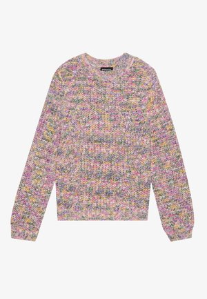 Flerfarget strikkegenser med rund hals, lange ermer og et teksturert mønster i rosa, gult, grønt og lilla nyanser.