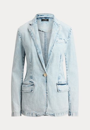 Λευκός τζιν σακάκι με ένα κουμπί κλείσιμο, γιακάδες με σχισμές, εμπρόσθιες τσέπες με καπάκι, εφαρμοστή γραμμή, χωρίς φόδρα.