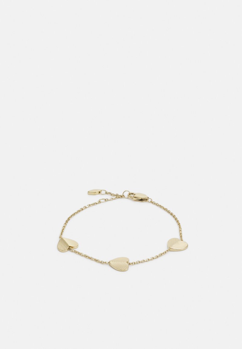 Gold-toned bracelet featuring five alternating heart-shaped links, two textured with ridges, on a delicate chain with a lobster clasp.