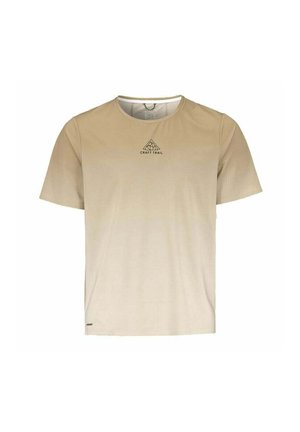Beige Kurzarm-T-Shirt aus leichtem Stoff; mit einem dreieckigen "CRAFT TRAIL"-Logo auf der Brust und einem runden Ausschnitt.