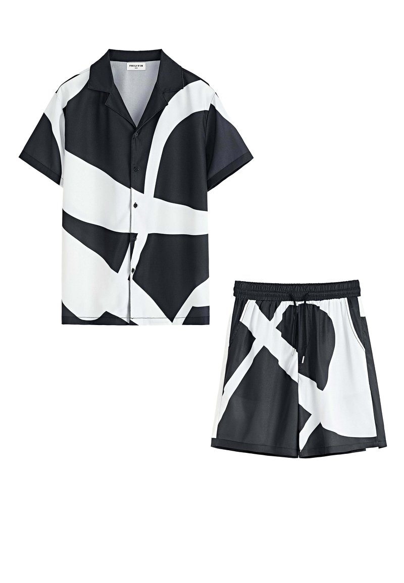 Chemise à manches courtes noire et blanche et shorts assortis, présentant des motifs abstraits, un tissu lisse et une ceinture élastique sur les shorts.