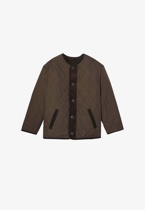 Veste matelassée marron avec un col rond, fermeture à boutons sur le devant, et deux poches latérales. Présente des détails en noir contrastant le long des bords.