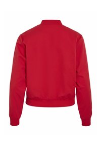 Veste bomber rouge unie vue de dos, avec col, poignets et ceinture côtelés, manches longues et aucun logo ni motif visible.