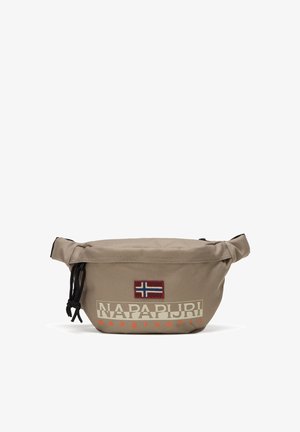 Canvas fanny pack in beige with a red and blue Norway flag patch, featuring black drawstring closure and bold "NAPAPIJRI geographic" logo.