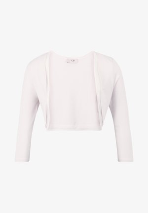 Lichte roze crop cardigan van stof, met lange mouwen, een open voorkant, een gladde textuur en zonder sluitingen of versieringen.