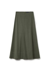 A knee-length, olive green skirt made of soft fabric with a flared design, featuring vertical seams and a discreet back zipper.