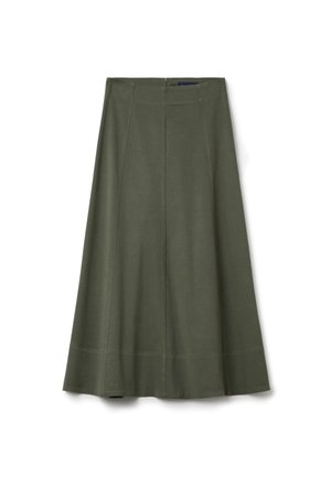 A knee-length, olive green skirt made of soft fabric with a flared design, featuring vertical seams and a discreet back zipper.