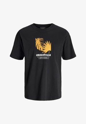 Zwarte katoenen t-shirt met een gele tropische bladerenprint en de tekst "ORIGINALS" op de voorkant. Klassieke ronde hals en korte mouwen.