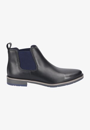Bottines Chelsea en cuir noir avec panneaux élastiques bleu marine, bout rond et petit talon empilé ; elles présentent une languette pour plus de commodité.