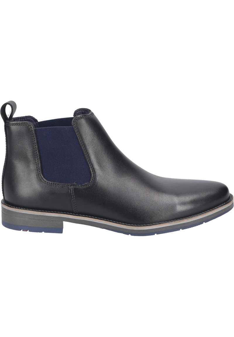 Schwarze Chelsea-Stiefel aus Leder mit marineblauen elastischen Einsätzen, runder Zehenpartie und einem niedrigen, gestapelten Absatz; verfügt über eine Ziehhilfe für zusätzlichen Komfort.