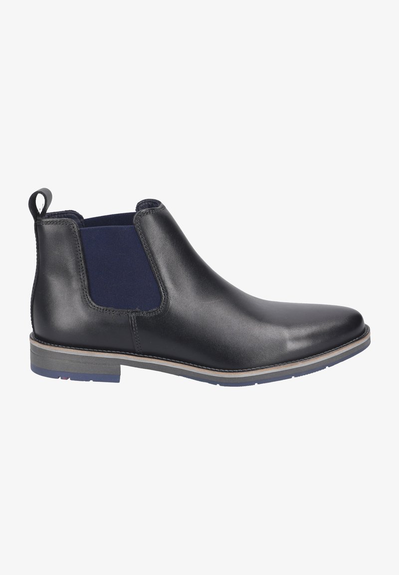 Schwarze Chelsea-Stiefel aus Leder mit marineblauen elastischen Einsätzen, runder Zehenpartie und einem niedrigen, gestapelten Absatz; verfügt über eine Ziehhilfe für zusätzlichen Komfort.