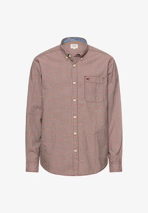 Overhemd met lange mouwen en knopen, met een rood-wit ruitpatroon, een knoopsluiting bij de kraag en een borstzak aan de rechterkant.