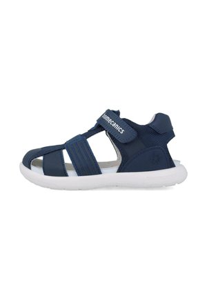Sandalias sintéticas azules con parte superior de malla transpirable, correa ajustable, diseño de punta abierta y suela de goma blanca.