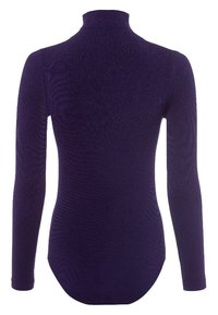 Long-sleeve turtleneck bodysuit in deep purple. Made from a soft, textured fabric with a snug fit and high neckline. Smooth finish.