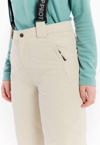Beige skibroek met een rechte pasvorm, verstelbare bretels, zijzak met rits en een gladde stoffen textuur. Draagt een teal langemouwen top.