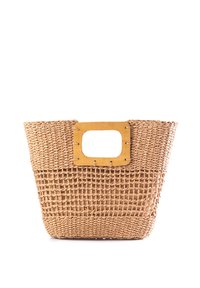 Woven straw tote bag in natural beige, with a square wooden handle and a textured open mesh design for breathability.