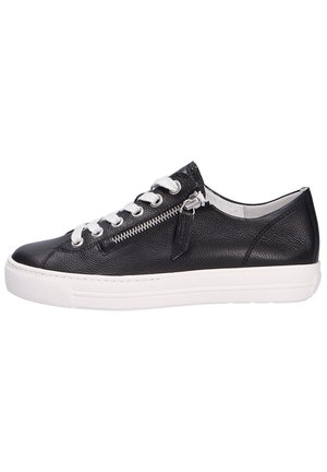 Black leather sneaker with a textured finish, white rubber sole, and silver zipper detail on the side. Laces are white and metal eyelets.