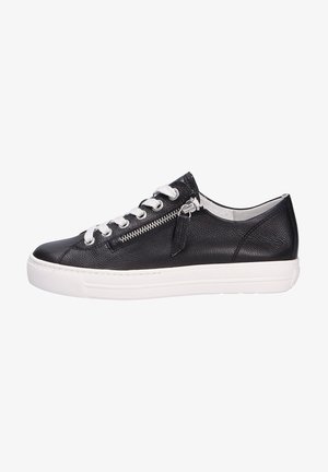 Black leather sneaker with a textured finish, white rubber sole, and silver zipper detail on the side. Laces are white and metal eyelets.