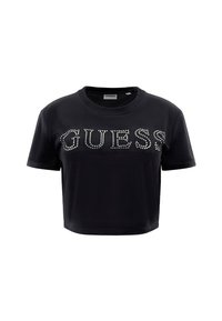 Juodas trumpas medvilninis marškinėliai, kuriuose priekyje sidabrinėmis blizgučiais užrašytas "GUESS", su trumpomis rankovėmis ir apvaliu iškirpimu.