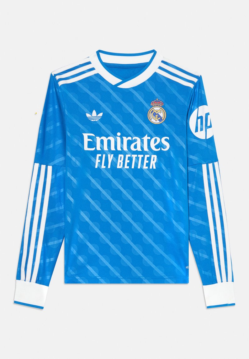 Langermet blå fotballtrøye med hvite detaljer, med rund hals, stripete ermer, og sponsorlogoer tydelig vist.
