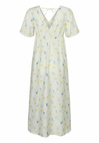 Robe maxi florale avec un décolleté en V, des manches courtes et un dos à cordon. Fabriquée en tissu léger avec des motifs de fleurs jaunes et bleues.