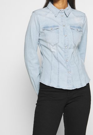 Lichtblauwe denim shirt met lange mouwen, knoopsluiting aan de voorkant, twee borstzakken en een gebogen zoom; heeft subtiele verticale stikseldetails.