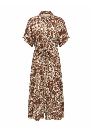 Vestido midi marrón con estampado blanco de paisley, mangas cortas, botones delanteros, cuello y cinturón de lazo en la cintura.