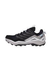 Scarpa da trail running in mesh nero e grigio, dotata di punta rinforzata, tomaia testurizzata e suola in gomma con tacchetti profondi per una migliore aderenza.