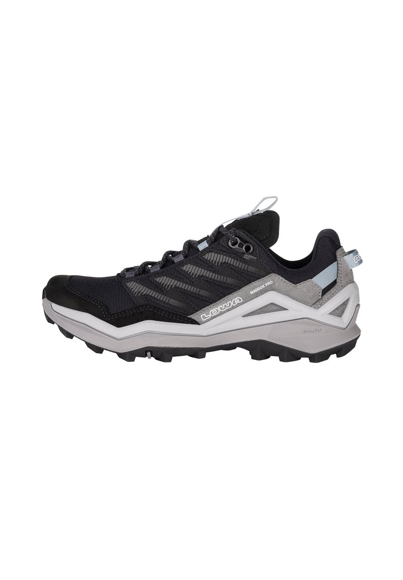 Scarpa da trail running in mesh nero e grigio, dotata di punta rinforzata, tomaia testurizzata e suola in gomma con tacchetti profondi per una migliore aderenza.