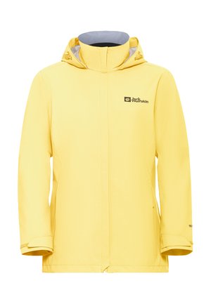 Giacca impermeabile gialla con cappuccio, dotata di chiusura con zip, polsini regolabili e un logo sul lato sinistro del petto. Tessuto liscio.