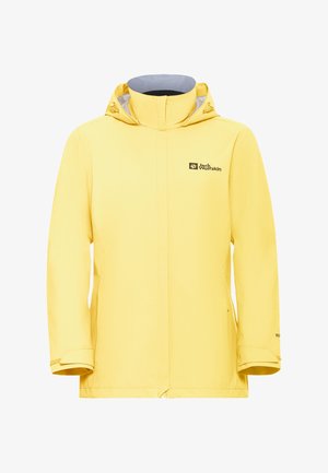 Giacca impermeabile gialla con cappuccio, dotata di chiusura con zip, polsini regolabili e un logo sul lato sinistro del petto. Tessuto liscio.