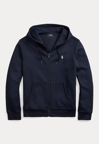Tmavomodrá mikina na zips s kapucňou, so sťahovacími šnúrkami, klokanie vrecká a malým bielym logom Polo Ralph Lauren na hrudi.