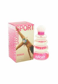 Samba Sport Eau de Toilette i en rund, transparent flaska med en rosa bas. Åtföljd av en färgglad box med fet text och en bild.