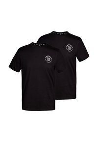 T-shirt nera, maniche corte, collo rotondo, con un logo rotondo sul lato sinistro del petto; in morbido cotone, vestibilità leggermente comoda.