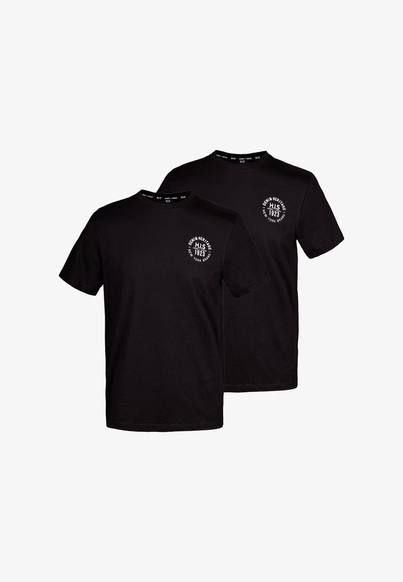 Schwarze T-Shirts, kurze Ärmel, Rundhals, mit einem runden Logo auf der linken Brust; aus weichem Baumwollmaterial, leicht lockere Passform.