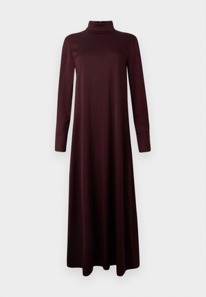 Burgundy long-sleeve dress with a high collar, made of smooth fabric, featuring a loose fit and straight cut, reaching mid-calf length.