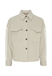 Lys beige hørjakke i fiskebensmønster med spidse krave, to forlommer, brune knapper og hvide lodrette striber langs ærmerne.