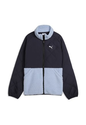 Marineblå og lyseblå fleecejakke med fuld lynlås, quiltet øvre del, elastiske manchetter og Puma-logo på brystet.