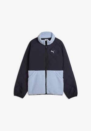 Granatowo-jasnoniebieska bluza polarowa z pełnym suwakiem, pikowaną górą, elastycznymi mankietami i logo Puma na piersi.