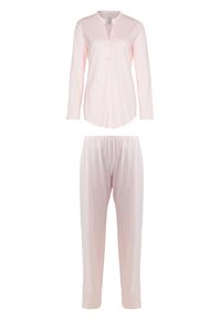 Conjunto de pijama de algodón de color rosa claro que incluye una camisa de botones de manga larga y pantalones con cintura elástica, ambos con una textura suave y lisa.