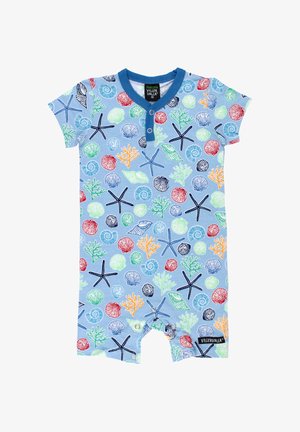 Hellblauer Baby-Strampler mit kurzen Ärmeln, blauem Besatz, Knöpfen und buntem meeresbezogenem Muster mit Seesternen, Muscheln und Korallen.